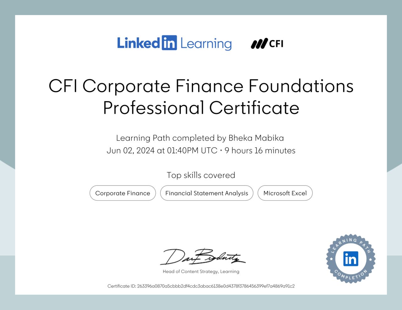 LinkedIn Certificate for CFI Certificate of completion